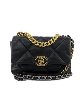 Chanel Ten 19 Quilted Black Gold Shiny Lambskin Shoulder Bag Chain